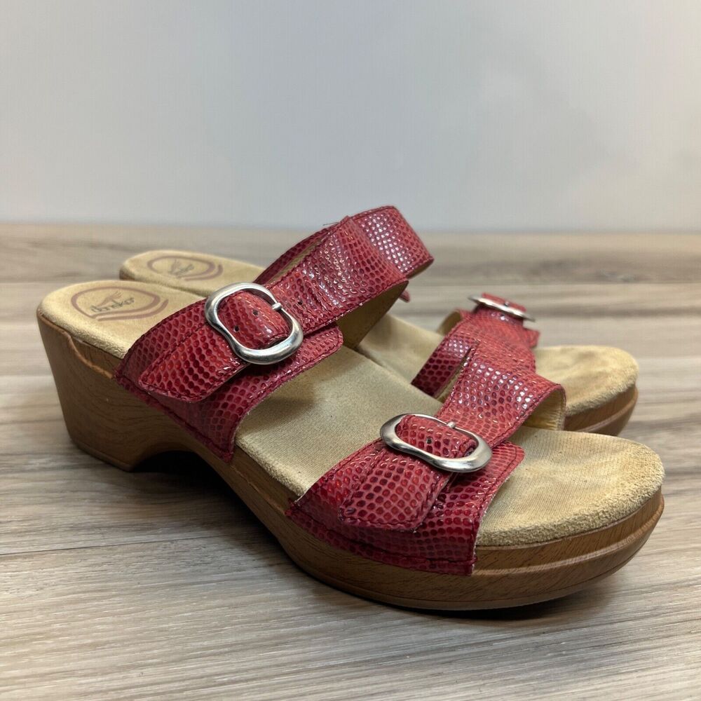 Dansko Sophie red Moray‎ snake print leather wedge slide sandals women's 39